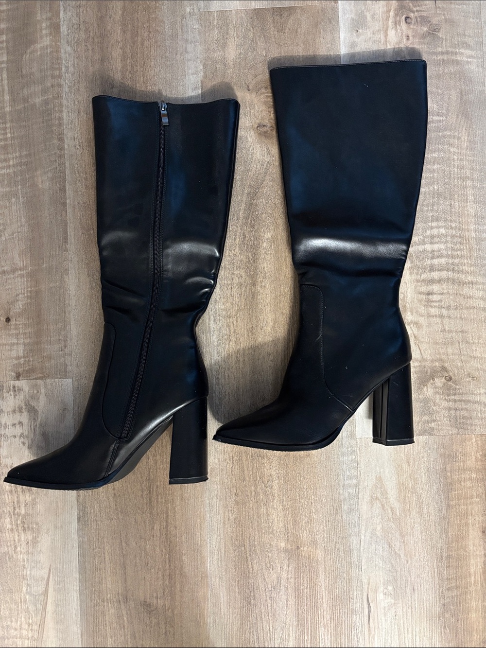 Lulu's Black Leather Knee-High Block Heel Boots